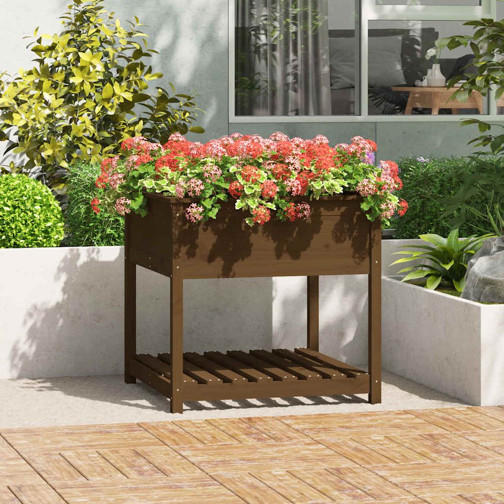 Grand carré potager sur pieds bois avec étagère marron miel 82,5cm