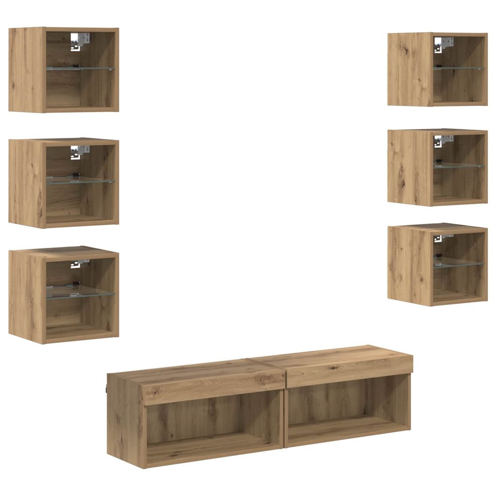 Meuble tv 8 pc chêne artisanal verre