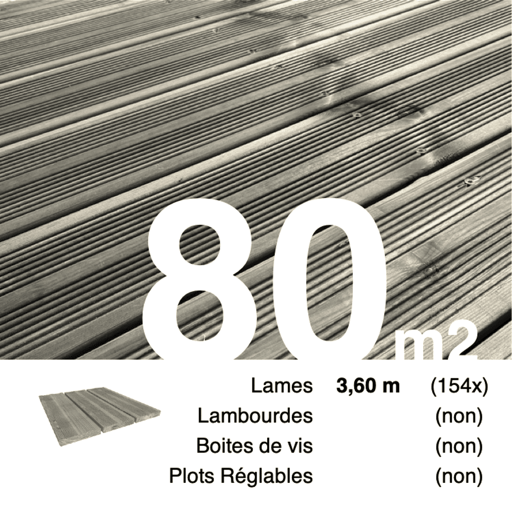 Planches de terrasse pin autoclave gris pour 80 m², longueur 3,6 m.