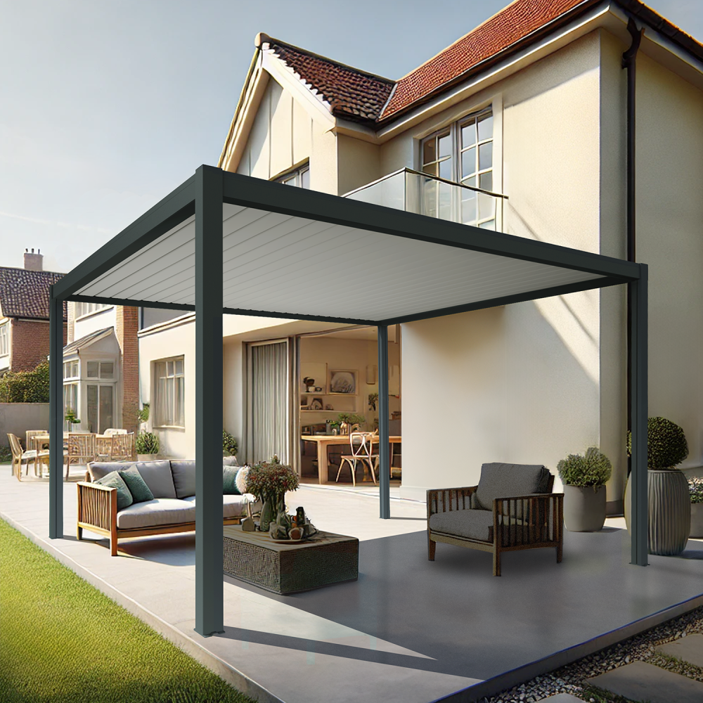 Pergola bioclimatique xenon îlot (vérin à télécommande - gris anthracite / blanc - 4,00 x 3,061m)