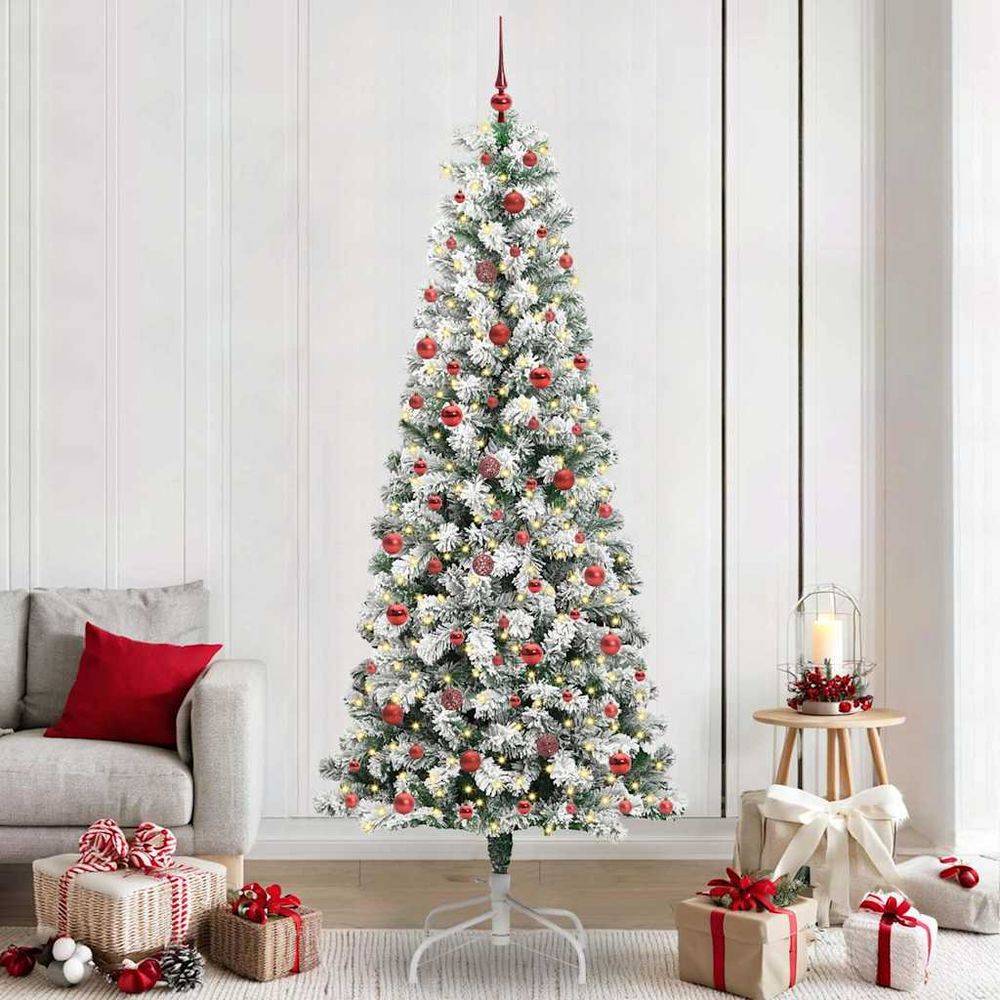 Sapin de noël artificiel haut de 240 cm, pack complet avec lumières led et set de 120 boules
