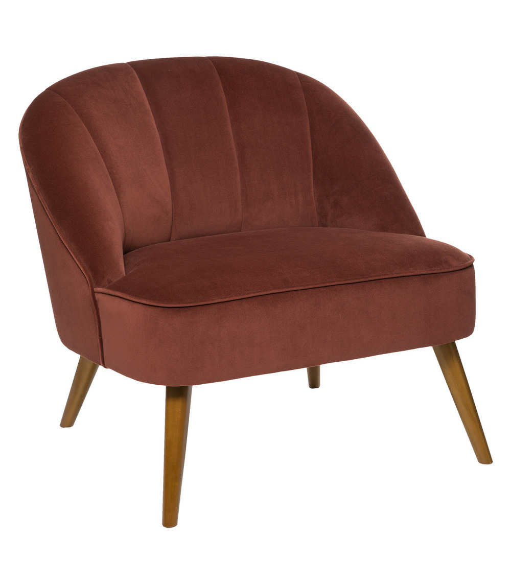 Fauteuil en velours terracotta et pieds en bois