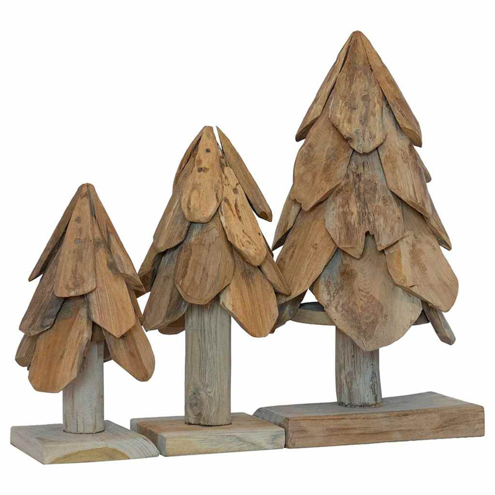 Sapin de noël avec support 3 pcs marron bois de teck solide