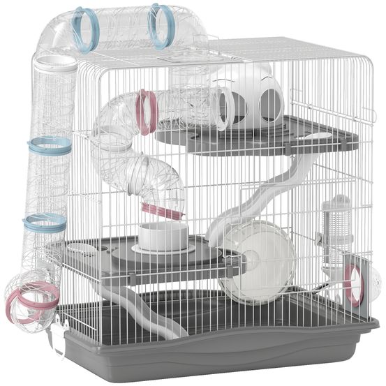 Cage hamster rongeur 3 niveaux métal plastique 45 x 30 x 45 cm gris tunnels et roue