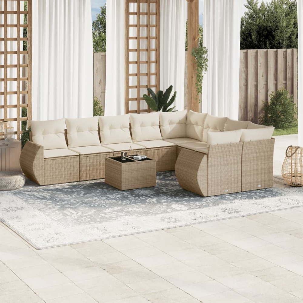 Salon de jardin avec coussins 10 pcs beige résine tressée