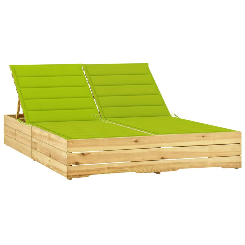 Chaise longue double et coussins vert vif bois de pin imprégné bain de soleil