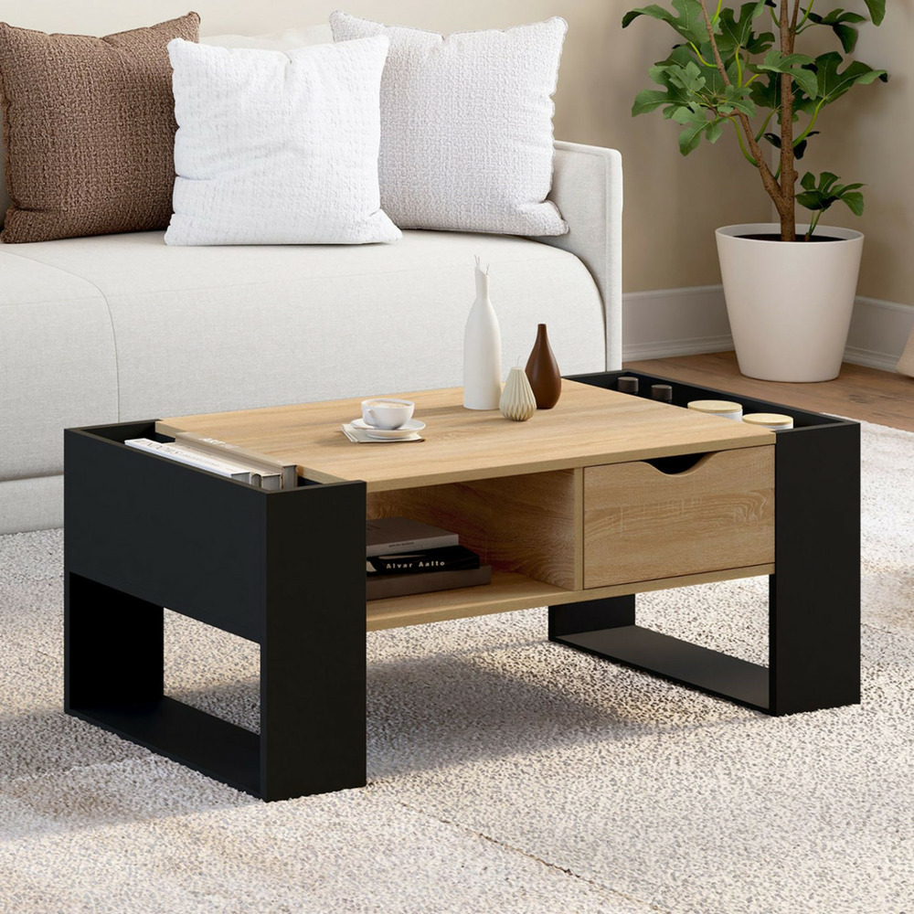 Table basse rectangulaire beryl avec tiroir bois noir et façon hêtre
