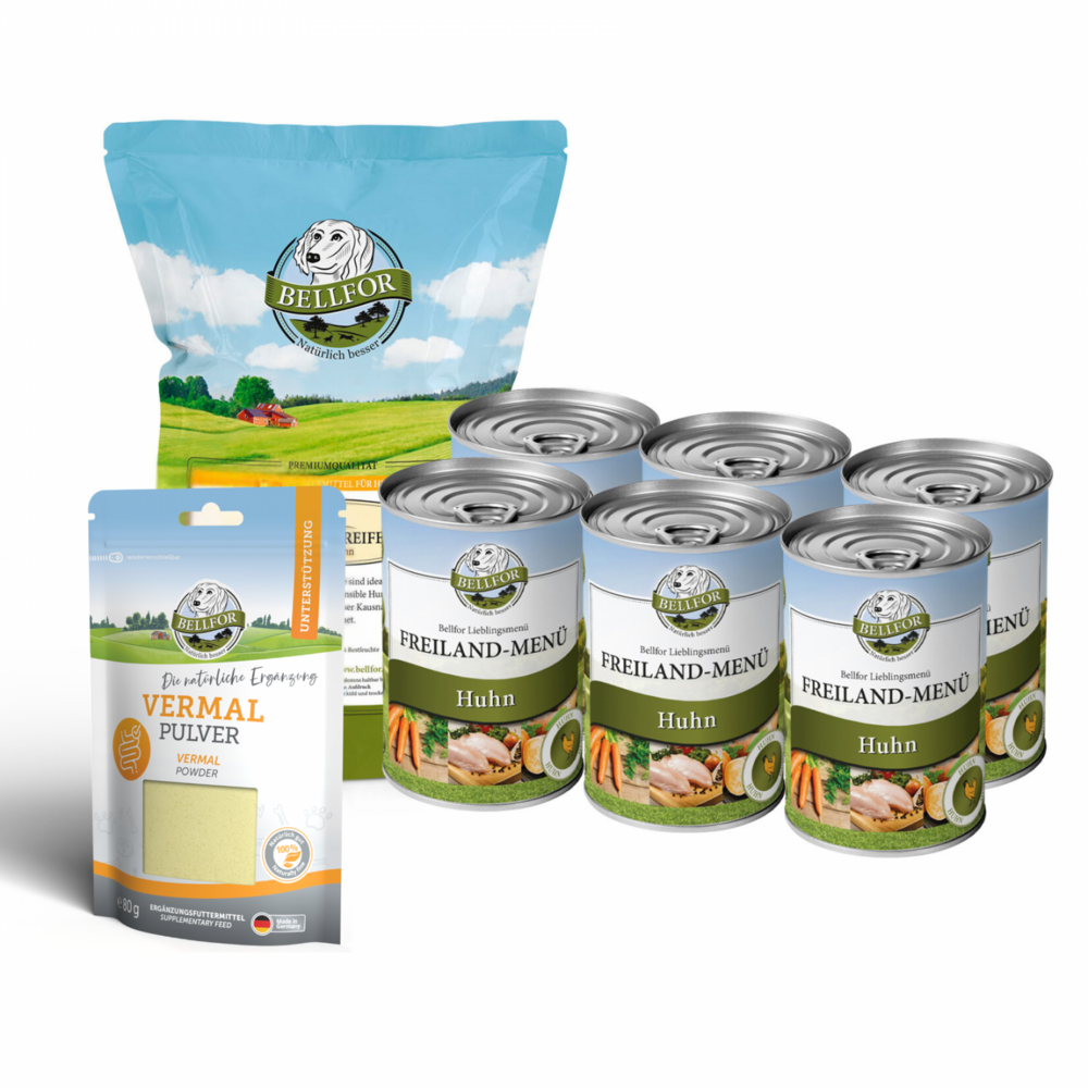 Giardia kit économique - nourriture humide 6x400g + vermal poudre 80g + viande séchée de poulet 100g