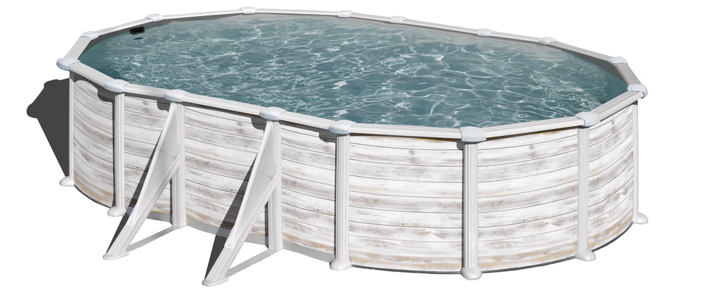 Piscine ovale acier 6,34m x 3,99m x h: 1,32m - imitation bois nordique