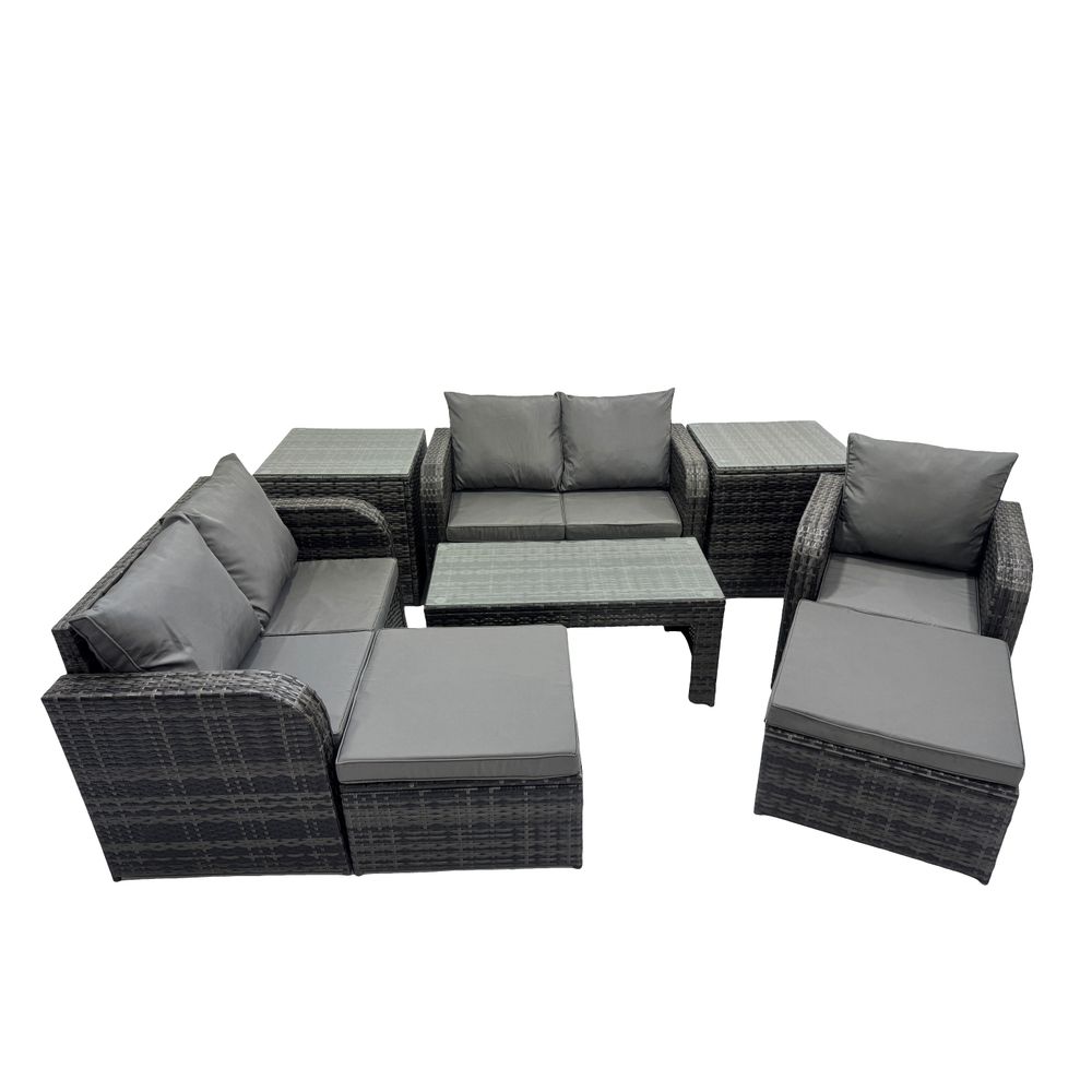 8 pcs ensembles de salon de jardin avec 2 tables d'appoint 2 grand tabourets gris foncé mixte