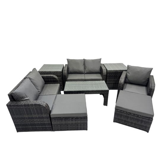 8 pcs ensembles de salon de jardin avec 2 tables d'appoint 2 grand tabourets gris foncé mixte