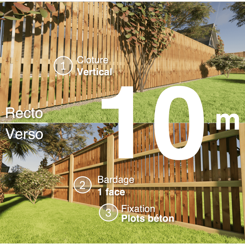 Kit clôture bois moderne 10m – h 1,9m – 20 x 70 mm autoclave marron – pose vertical – simple face – à sceller