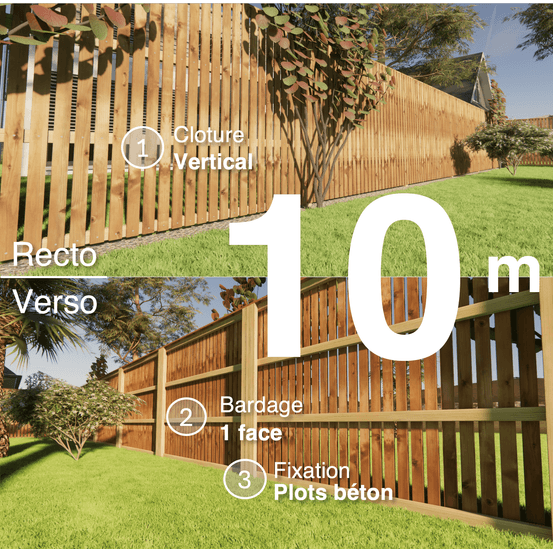 Kit clôture bois moderne 10m – h 1,9m – 20 x 70 mm autoclave marron – pose vertical – simple face – à sceller