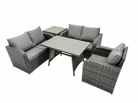 5 pièces ensemble de meubles de jardin en rotin avec table à manger fauteuil canapé d'amour table d'appoint gris foncé mixte