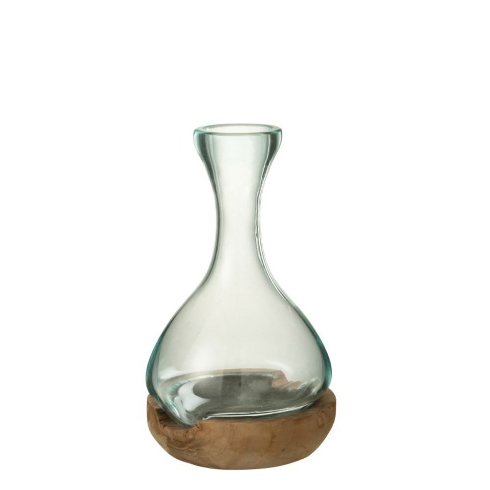 Vase bouteille sur bois en verre transparent 19x21x29 cm