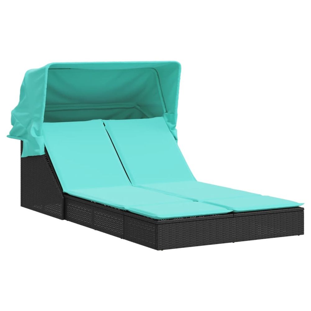 Chaise longue double et auvent et coussins noir résine tressée