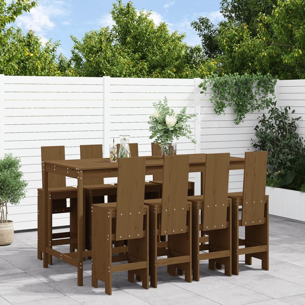 Ensemble de bar de jardin 9 pcs marron miel bois de pin massif