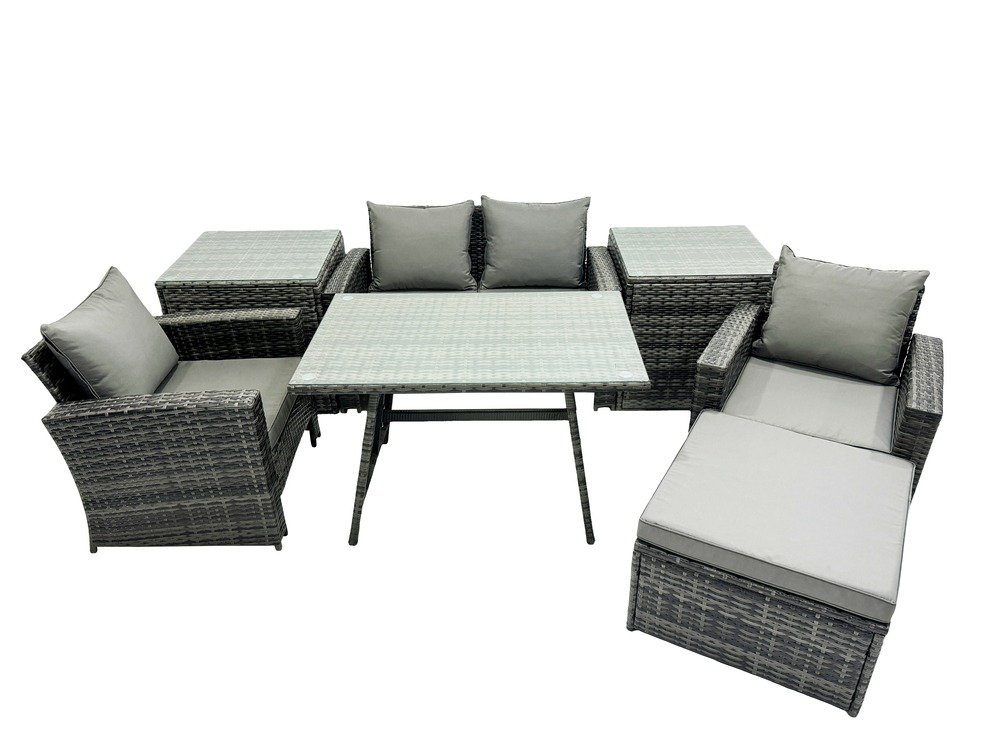 5 places ensemble de canapé en rotin extérieur avec table à manger 2 tables d'appoint grand tabouret gris foncé mixte