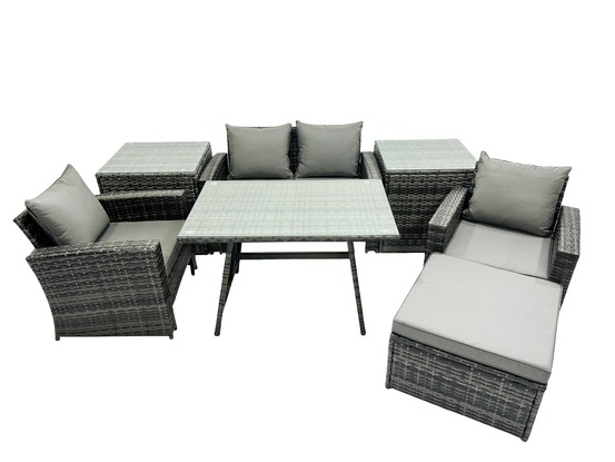 5 places ensemble de canapé en rotin extérieur avec table à manger 2 tables d'appoint grand tabouret gris foncé mixte