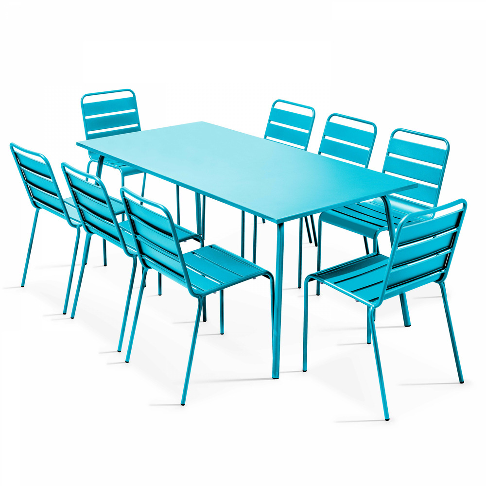 Ensemble table de jardin et 8 chaises en métal bleu