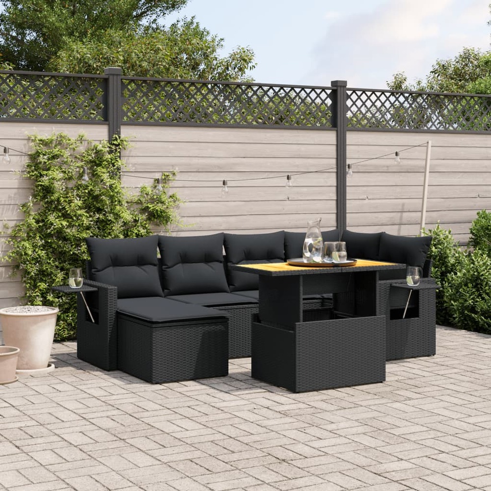 Salon de jardin 7 pcs avec coussins noir résine tressée
