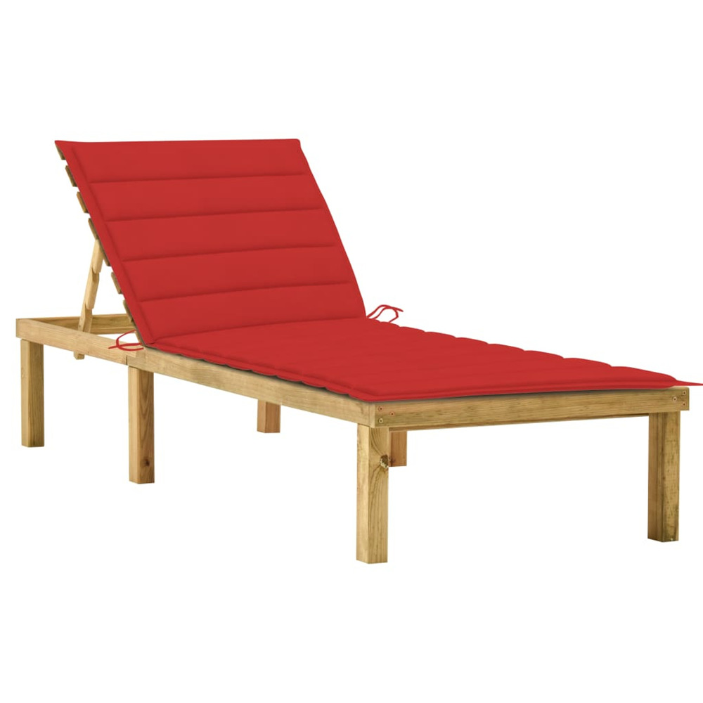 Chaise longue avec coussin rouge bois de pin imprégné bain de soleil