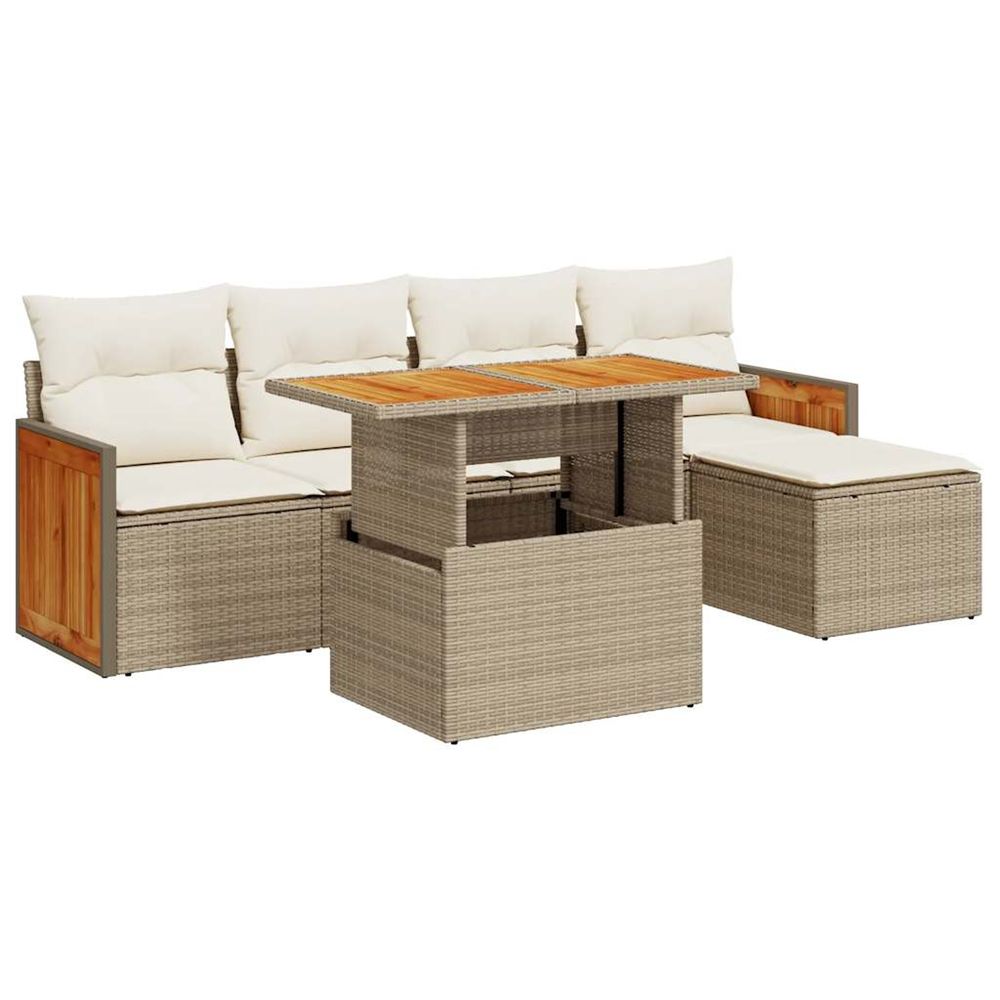 Salon de jardin 6 pcs avec coussins beige résine tressée acacia