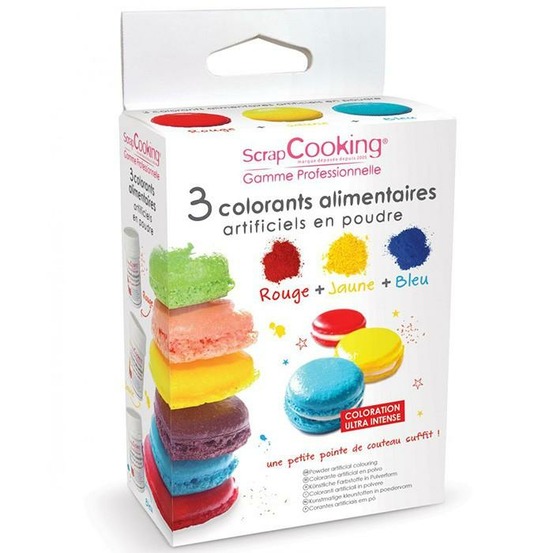3 colorants alimentaires en poudre jaune-rouge-bleu