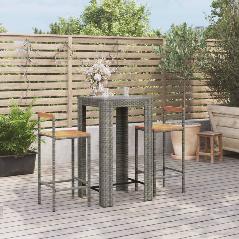 Ensemble de bar jardin 3 pcs gris poly rotin/bois massif acacia