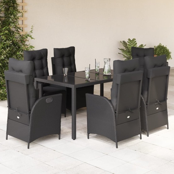 Ensemble à manger de jardin coussins 7pcs noir résine tressée