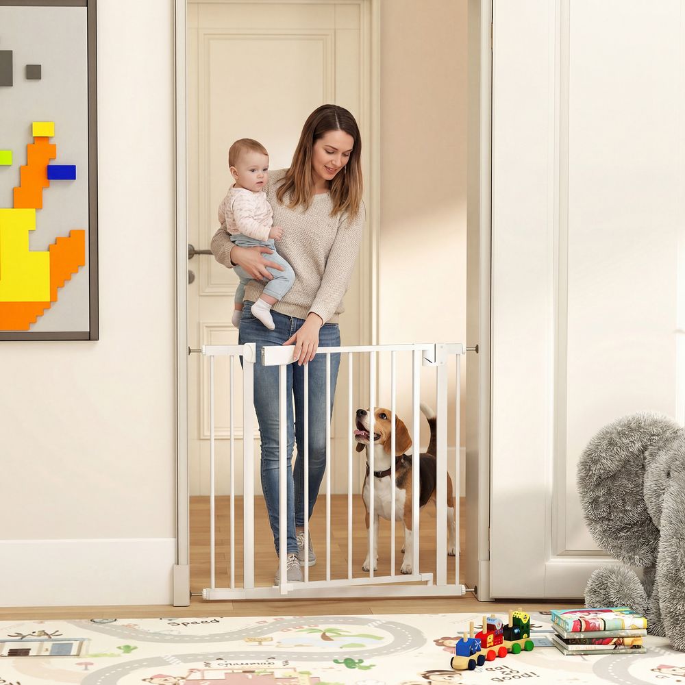 Barrière de sécurité bébé et chien en acier blanc 76 à 88 cm pour portes et couloirs avec double verrouillage