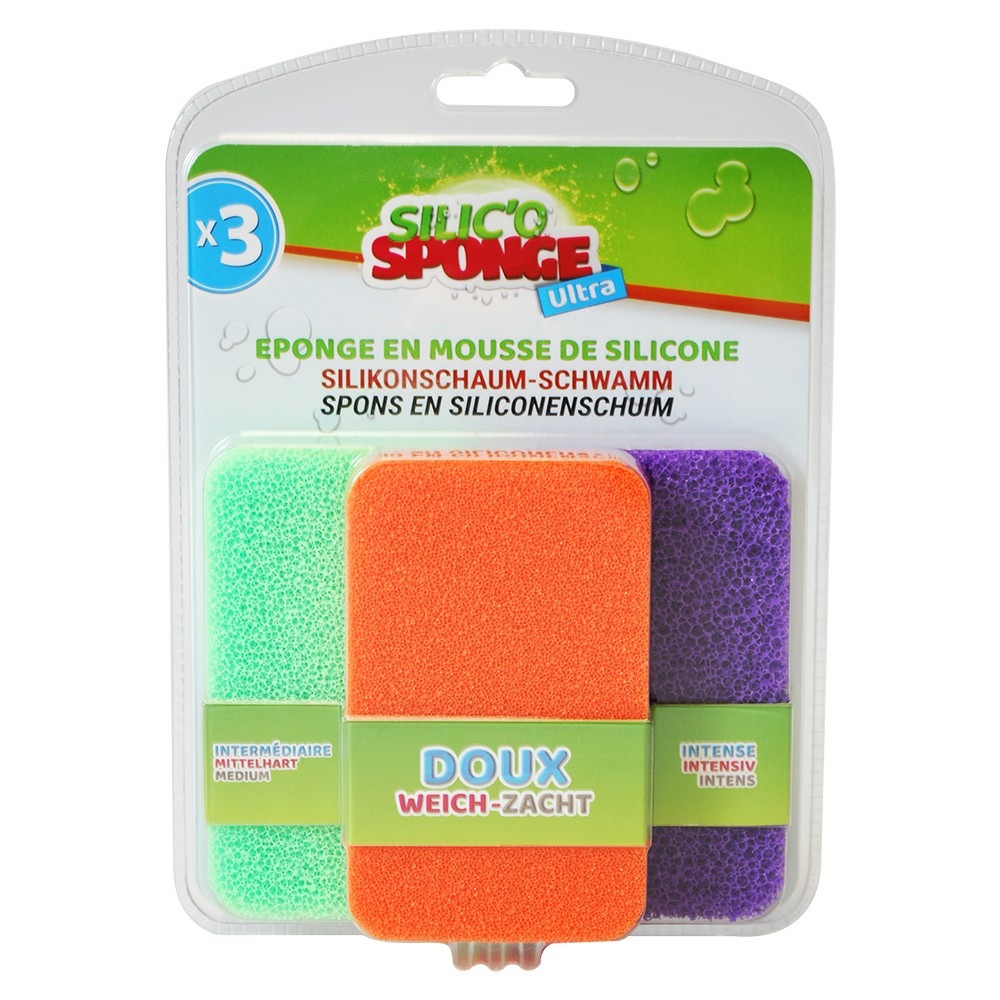 Lot de 3 éponges en mousse de silicone multi-usages, 100% hygiéniques, s'utilisent sur tout, innovation ménage