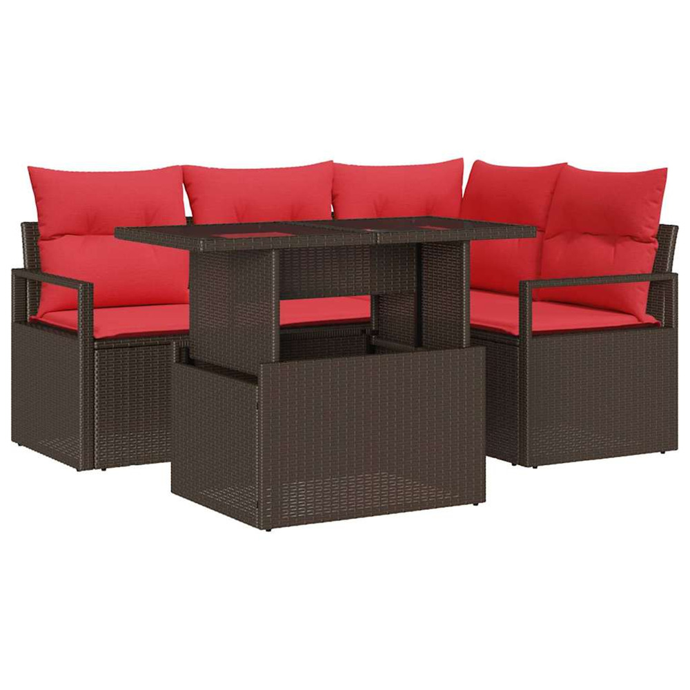 Ensemble de canapé de jardin 5 pcs marron et rouge polyrotin