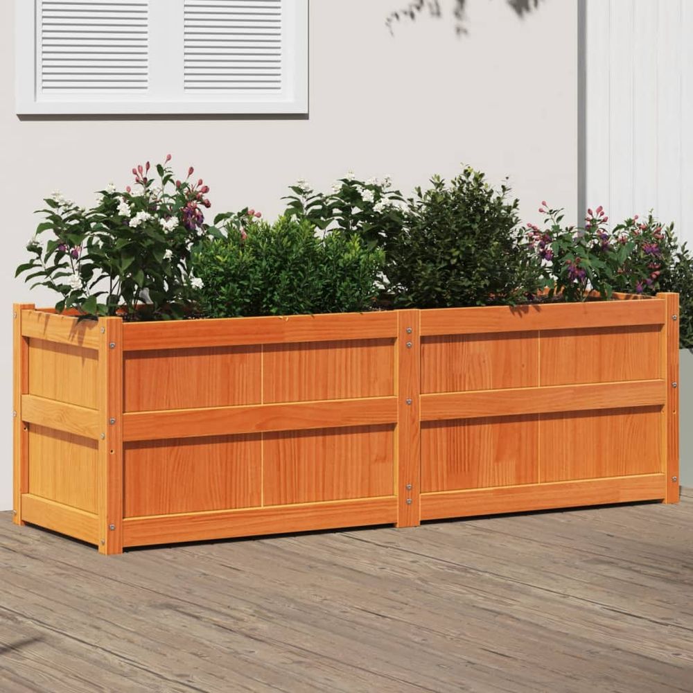 Grande jardinière en bois de pin massif finition cire marron 150x50x50 cm