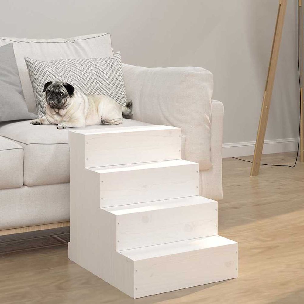 Escalier pour chien en bois de pin 4 marches finition laquée blanche accès lit haut