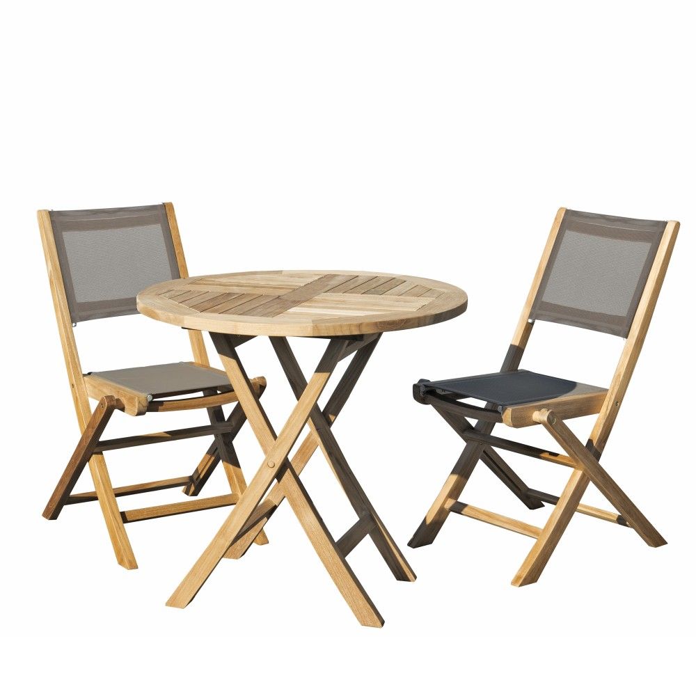 Table de jardin et chaises en teck et textilene 2 personnes