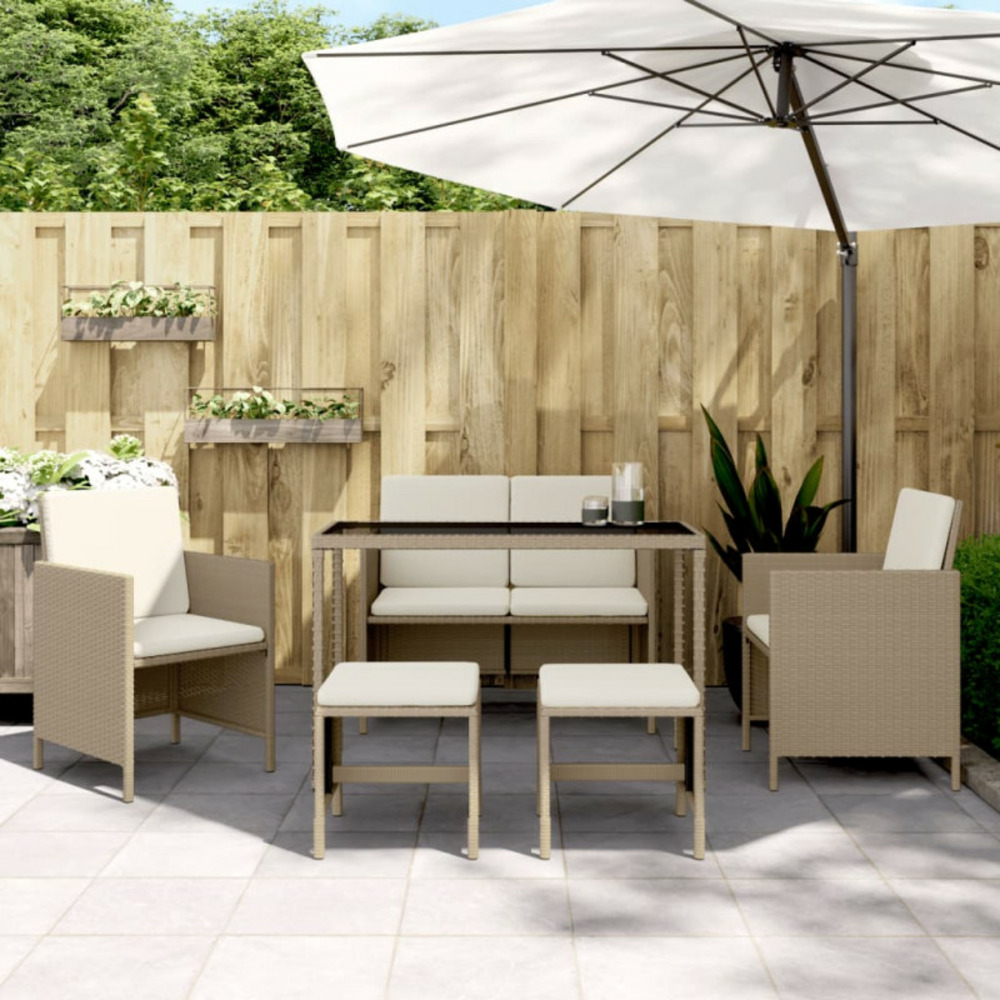 Ensemble à manger de jardin avec coussins 6pcs beige poly rotin