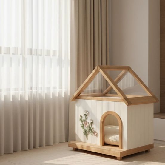 Niche pour chat et petit chien en bois blanc 68 x 55 x 80 cm toit transparent