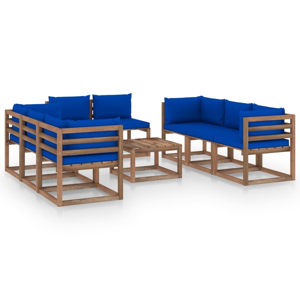 Salon de jardin meuble d'extérieur ensemble de mobilier 9 pièces avec coussins bleu