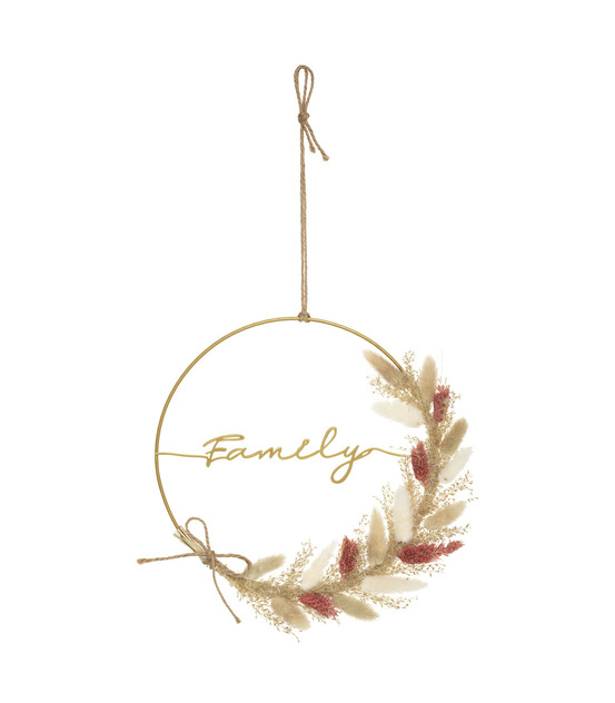 Déco murale fleurs séchées sur cerceau en métal doré d 24 cm