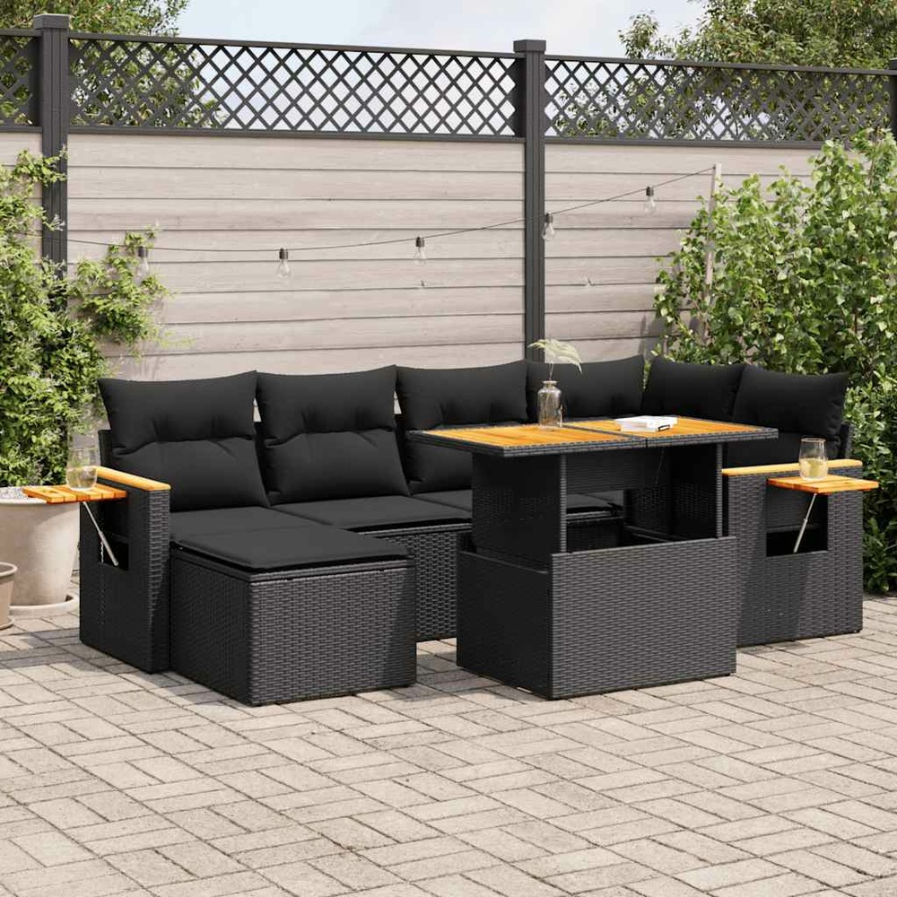 Salon de jardin avec coussins 7 pcs noir résine tressée acacia