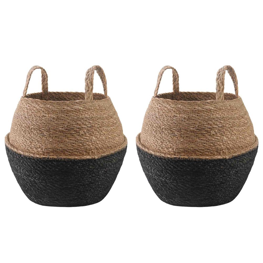 Lot de 2 cache-pots cylindriques herbe de mer naturelle avec poignées noir 32x32cm
