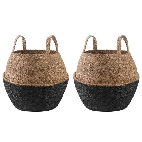 Lot de 2 cache-pots cylindriques herbe de mer naturelle avec poignées noir 32x32cm