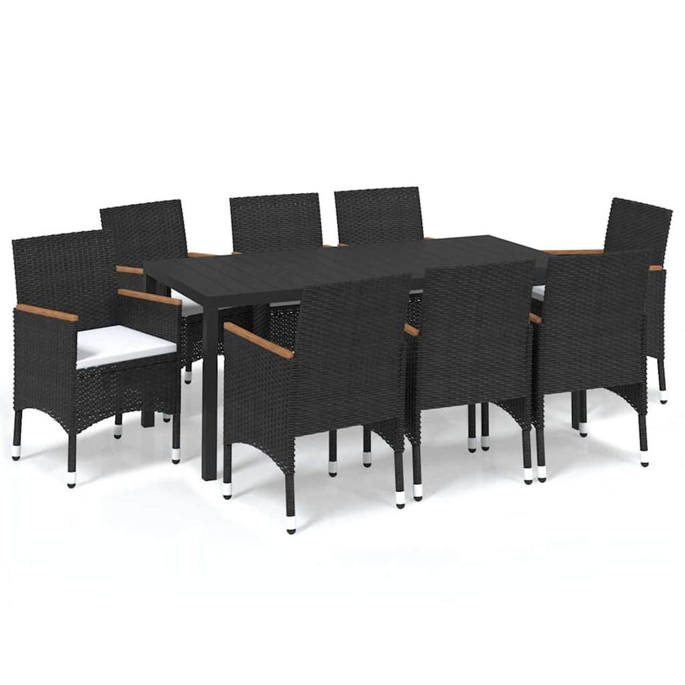 Ensemble à manger de jardin coussins 9pcs résine tressée noir