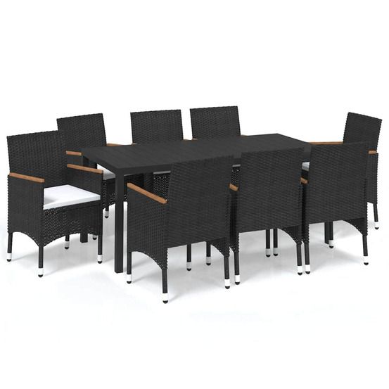 Ensemble à manger de jardin coussins 9pcs résine tressée noir