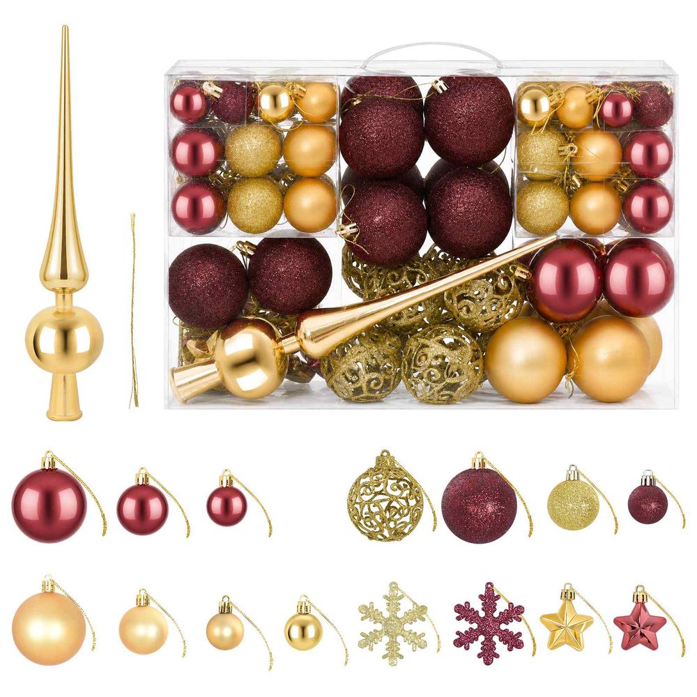 Ensemble de boules de noël 111 pc or et rouge bordeaux 6 cm