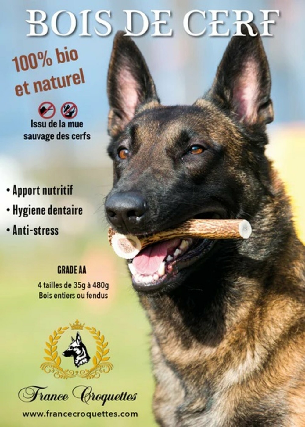 1x bois de cerf xxl entier (200/300gr) - chien <50kg - france croquettes