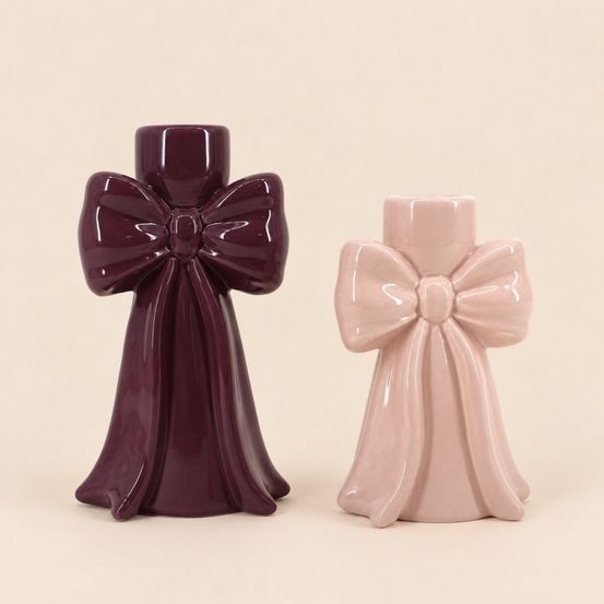 Set de 2 bougeoirs en céramique noeud violet et rose
