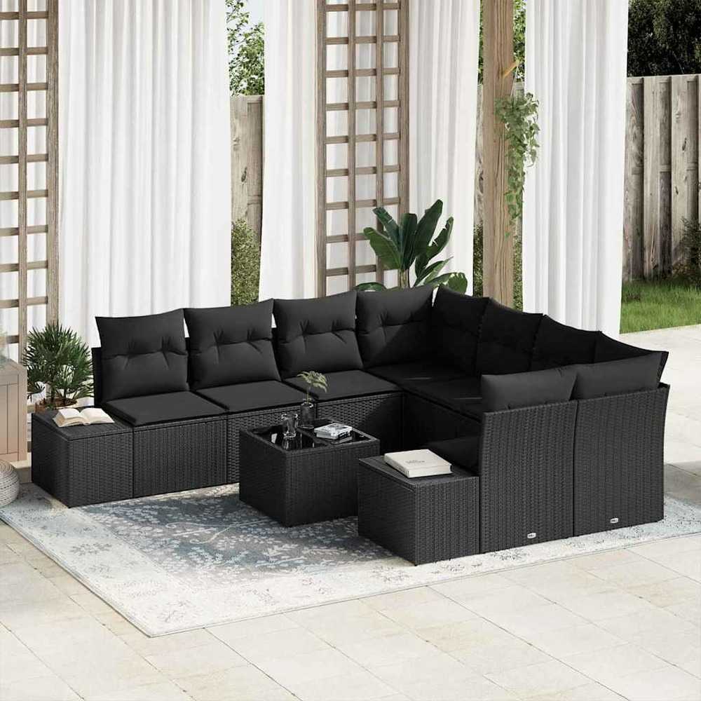 Ensemble de canapé de jardin avec coussin 9 pcs noir polyrotin