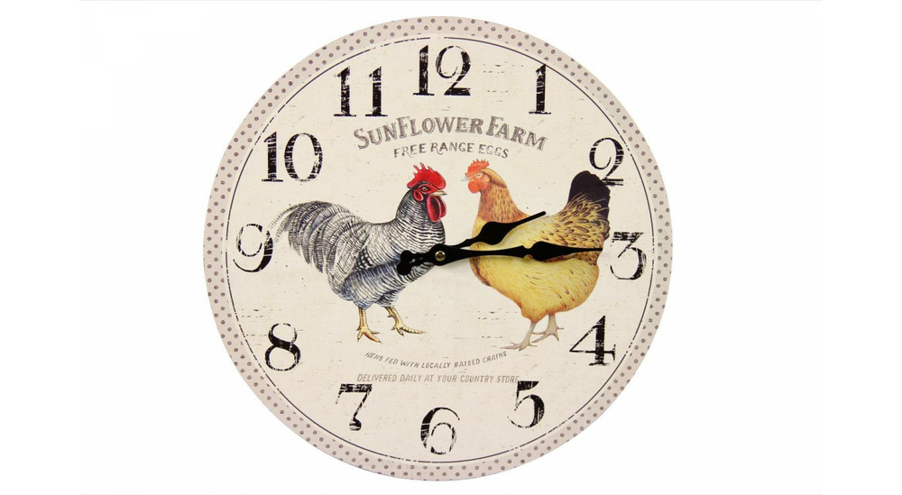Horloge ancienne murale coq et poule 34cm - bois - blanc